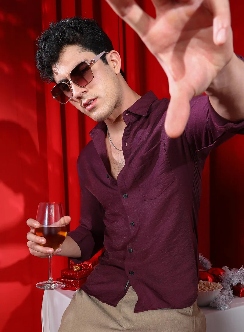 Men's Plum Purple Breezy Wrinked Relaxed Shirt For Casual Wear | Spread Collar | Long Cuffed Sleeves | Button Closure | Shirt Crafted With Comfort Fit For Everyday Wear